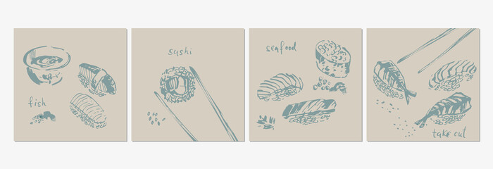 Hand drawn sketch of sushi, sashimi, rolls, soy sauce, sticks set