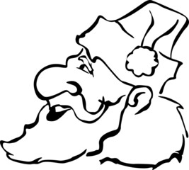 Santa's large head in a thick-haired hat is shown from the left in profile
