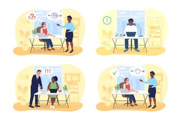 Communication in office 2D vector isolated illustration set. Productive teamwork. Coworker interacting flat characters on cartoon background. Corporate workplace colourful scene collection