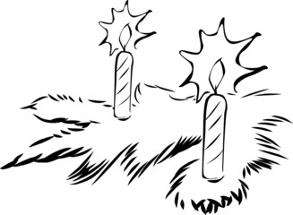 Two lit candles stand on two large twigs
