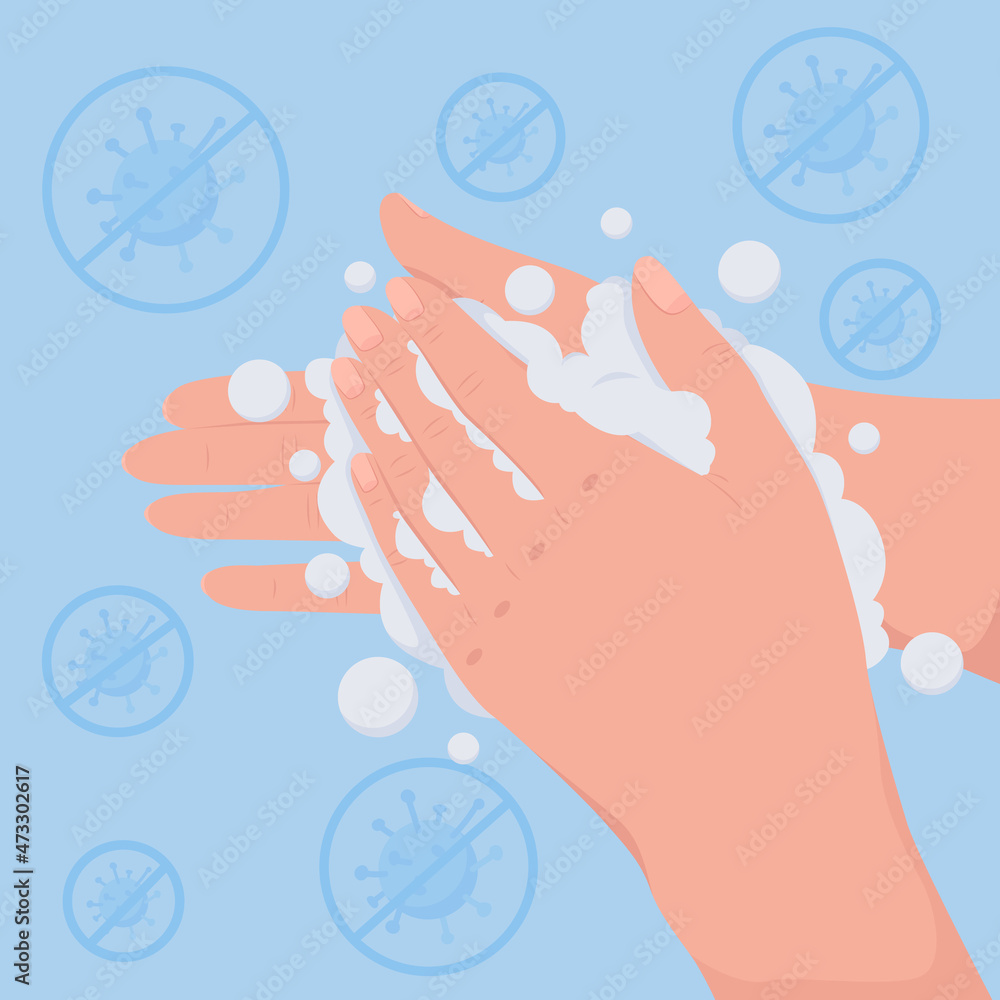 Poster sanitation flat color vector illustration. cleansing in water to avoid bacteria. prevent virus sprea