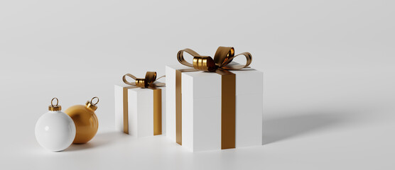 White and olden Christmas ornaments and present boxes - 3D render illustration