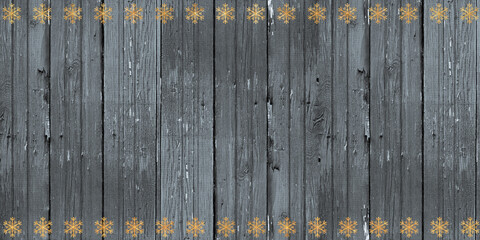 Old vertical wooden shabby dark gray background and horisontal rows of golden snowflakes, seasonal, card, greetings, holiday