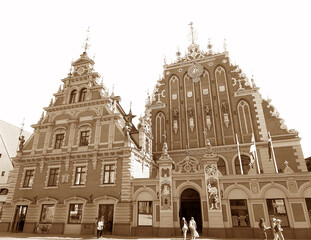 House of the Blackheads, a Historic Landmark of the Old City of Riga, Latvia in Sepia Tone