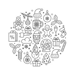 Christmas card illustration. Line icon banner with angel, santa, gingerbread man, snowball, snowman, christmas tree and gift. Circle vector template.
