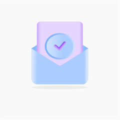 Check mark icon. Approvement concept. Document and postal envelope. 3d realistic vector illustration. 