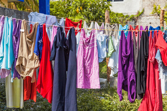 Laundry. Clothing hanging out to dry on a line 