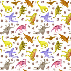 Dinosaurs and their footprints. Watercolor repeating print on white