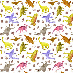 Dinosaurs and their footprints. Watercolor repeating print on white © Evgeniia