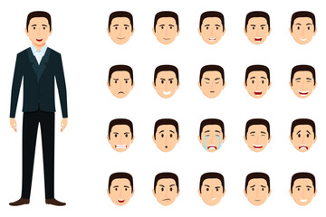 Businessman character set wearing business outfit with different facial expression and emotion sad angry happy cheerful isolated icon set