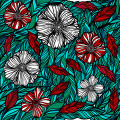 Graphic blue, red, white flowers seamless pattern. Vector illustration