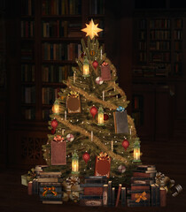 Fully decorated christmas tree by a library with plenty of books as useful gifts