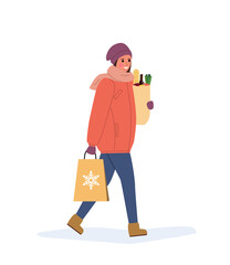 Woman in winter clothes carries  shopping  bags isolated. Vector flat style illustration