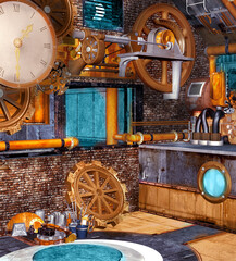Colorful laboratory with steampunk machines made of wheels, pipes and a clock