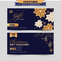 Christmas Gift Card Or Voucher Design Set Decorated With Poinsettia Flowers, Transparent Baubles In Golden And Blue Color.