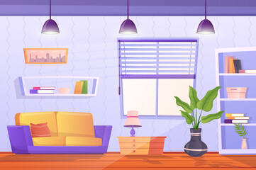 Living room interior concept in flat cartoon design. Apartment with couch with cushions, lamp on table, bookshelf and bookcase, picture, plants and window with blinds. Vector illustration background