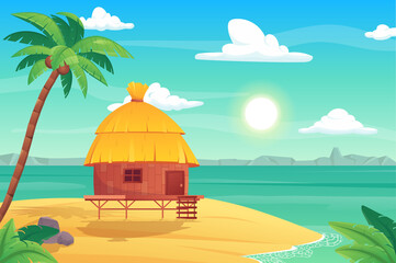 Fototapeta na wymiar Summer tropical island with bungalow in flat cartoon design. Sandy beach with wooden building, palm, sea or ocean shore view. Summertime rest. Idyllic seascape scenery. Vector illustration background