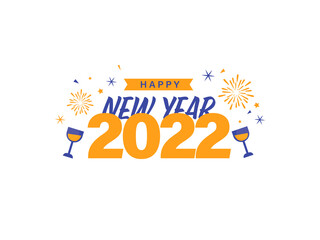 Orange And Blue Color Happy New Year 2022 Font With Cocktail Glasses, Stars, Fireworks On White Background.