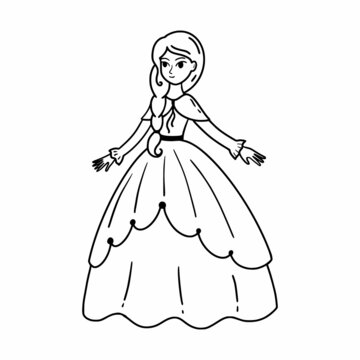 Cute princess in fluffy dress. Beautiful girl in doodle style. Drawing of doll for girl.