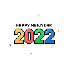 Pixel Art Colorful 2022 Happy New Year Font On White Background.