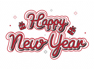 Red Happy New Year Calligraphy With Gift Boxes On White Firework Pattern Background.