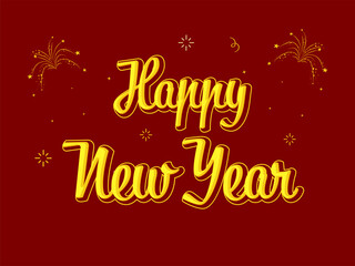 Fototapeta na wymiar Yellow Happy New Year Font With Fireworks On Red Background.