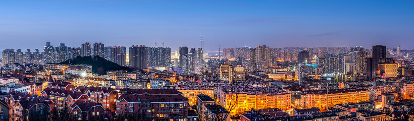 Naklejka na ściany i meble Aerial photography of Qingdao city night view