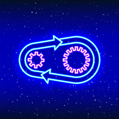Neon linear design of endless arrow around gear. Neon gear and arrow. Gear wheels on the marker arrow. Repair with neon in space. Unique and realistic neon icon. Linear icon on blue background.
