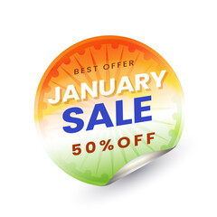 January Sale Round Sticker Or Label With 50% Discount Offer In Tricolor.