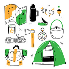 Set of multicolored hiking items in doodle style. Vector illustration with tourism and travel elements isolated on white background.