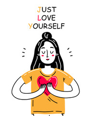 Happy girl holding a heart in the rock with the inscription just love yourself. Vector illustration with self-love character.