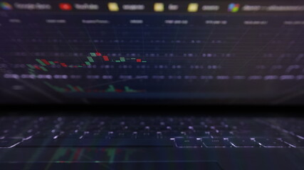 Laptop screen with stock market charts. Technical analysis and fundamental indicators of stock quotes in the trading terminal. Japanese candlesticks and company tickers.