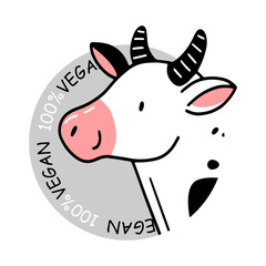 100 percent vegan badge with cute cow in doodle style. Vector illustration.