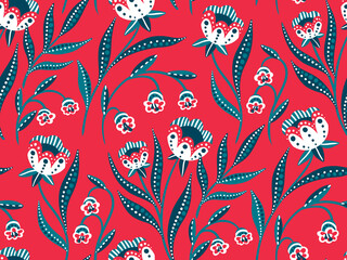 Floral pattern with decorative flowers, leaves on red background. Abstract composition of painted plants decorated dots. Seamless pattern, modern interpretation of folk art. Vector design for print.