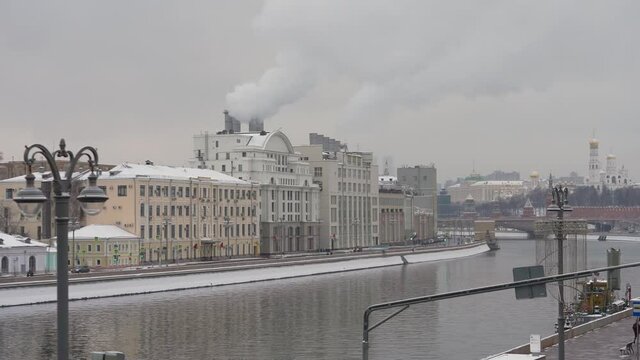 Winter cityscape. HPP No 1. The oldest thermal power plant in Russia located on the embankment in the center of Moscow opposite the Moscow Kremlin