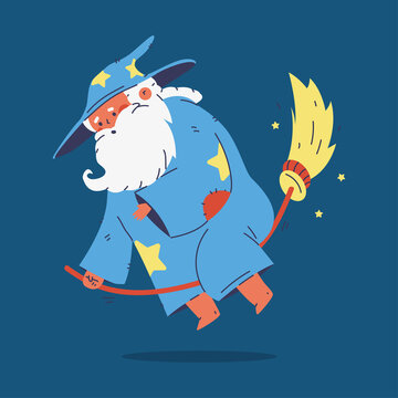 Cute wizard flying on magic broom vector cartoon character isolated on background.