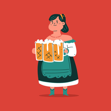 Cute woman in national costume with beer mugs Oktoberfest vector cartoon character isolated on background.