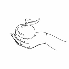 Vector abstract continuous one single simple line drawing icon of hand holding apple in silhouette sketch.
