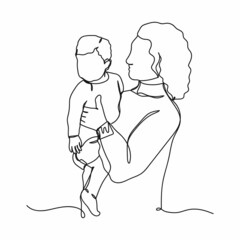 Vector abstract continuous one single simple line drawing icon of mother with little baby in silhouette sketch.