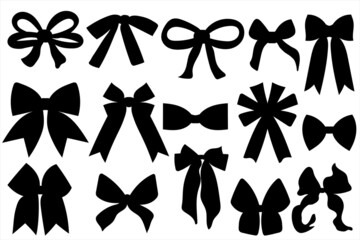bow ribbon silhouette vector. Black ribbon bow tie graphic elements for give label, present, packaging, invitation wedding card, banners, bows and ribbons hand drawn collection . Vector illustration

