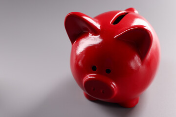 Red piggy bank standing on gray background closeup