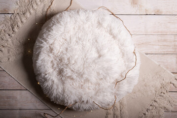 White round cushion on. white wooden floor. Backdrop for baby photography. Backdrop for newborn...