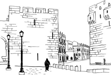Old street of Jerusalem, black and white vector illustration in hand drawn style. Ancient walls. Jerusalem, Israel. Urban landscape sketch. Line art. Ink drawing on white.