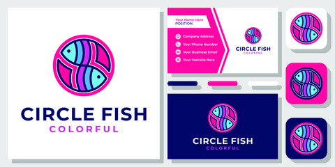 Circle Fish Colorful Animal Water Sea Food Ocean Icon Logo Design with Business Card Template