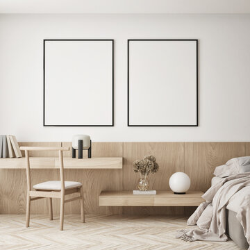 mock up poster frame in modern interior background, Home office in bedroom, Scandinavian style, 3D render, 3D illustration