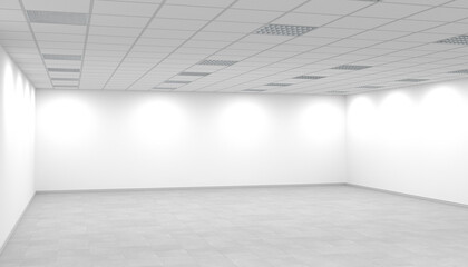 Empty bright office room with white walls and square lights. 3d render