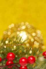 Red berries on abstract festive defocused blurred background.  Christmas, winter holiday, new year concept.	