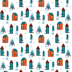 Seamless pattern with winter houses and trees
