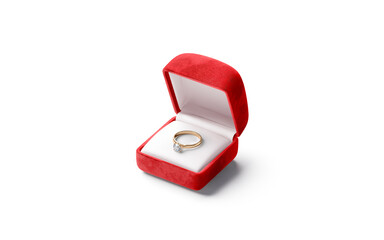 Blank red box with gold diamond ring lying mockup, isolated