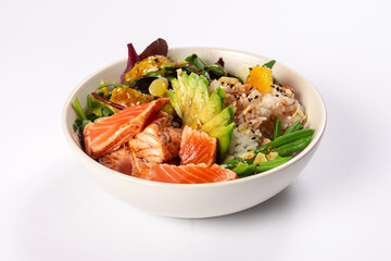 Bowl healthy salad with salmon